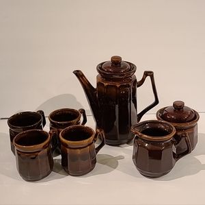 Nine (9) Piece Brown Glaze Ceramic Tea/Coffee Serving Set